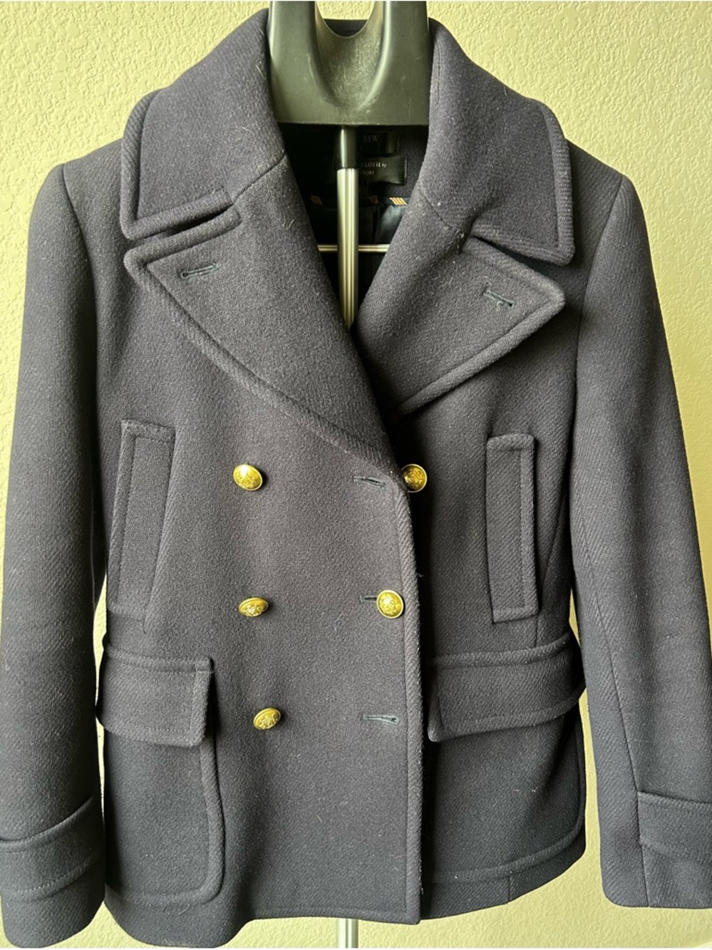 J. Crew Navy Blue Wool Double-Breasted Pea Coat with Gold Buttons
